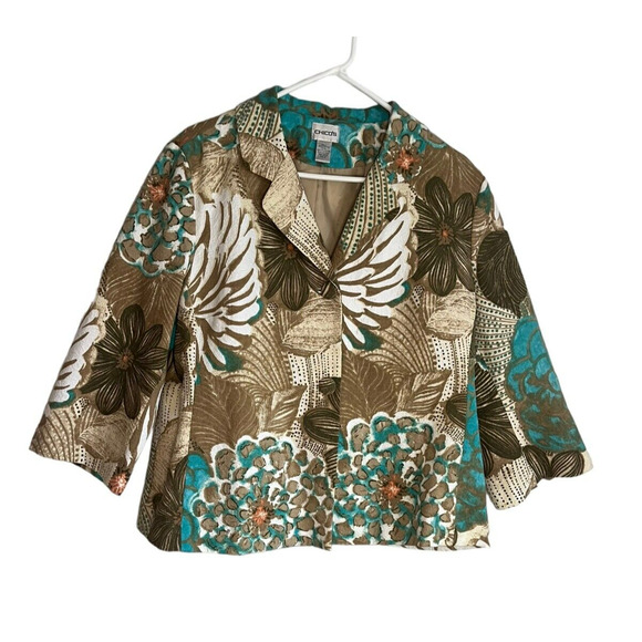 Chicos Blazer Jacket Turquoise Brown Floral Coastal Grandma Size 2 Womens Large - Picture 1 of 8